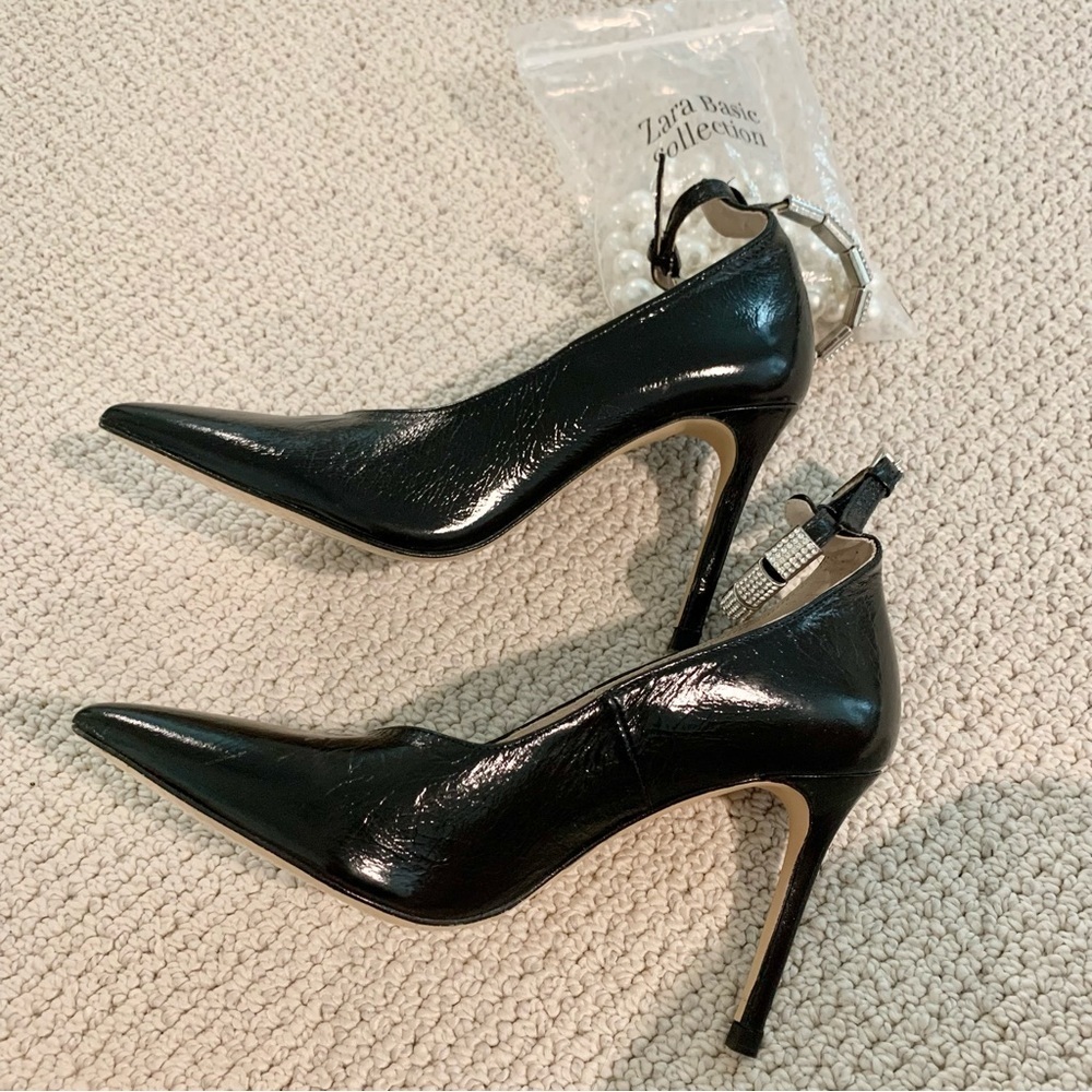 💎 ZARA Black Leather Court Shoes Beaded Ankle Strap Heels - Picture 8 of 13